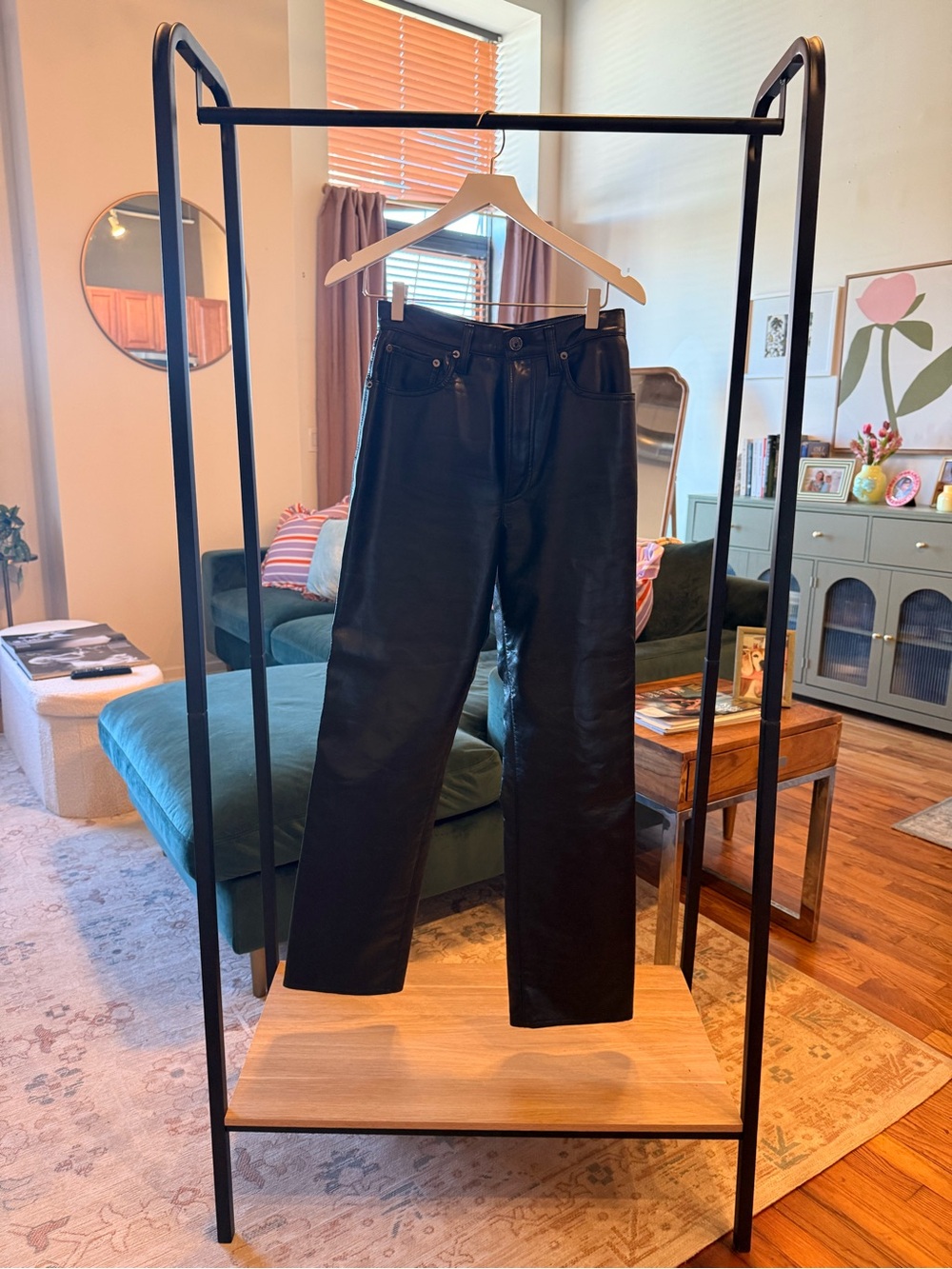 Agolde Black Leather Pants with Branded Waist Label